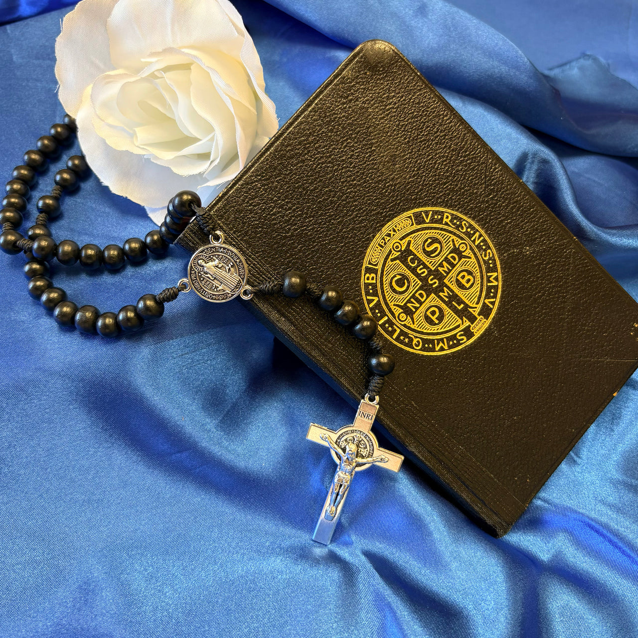 Black Beaded Rosary with Silver Accents