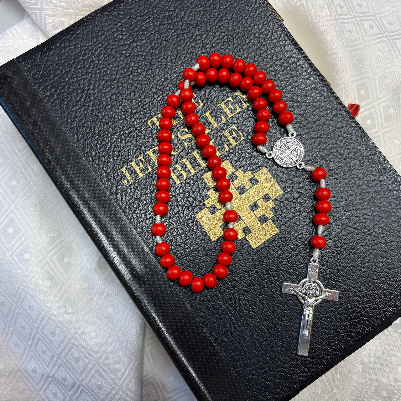 Red Beaded Rosary with Silver Accents
