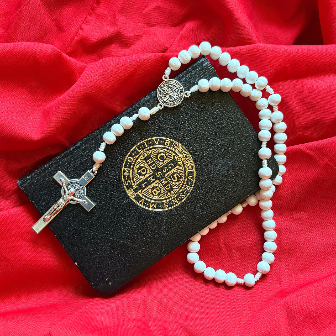 White Beaded Rosary with Silver Accents