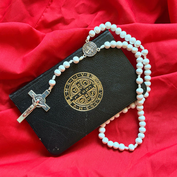 White Beaded Rosary with Silver Accents
